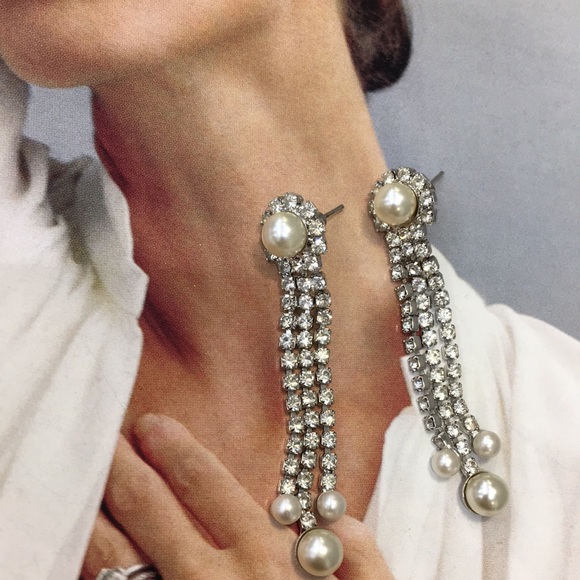 Vintage silver rhinstones pearl earrings bridal - Picture 5 of 5